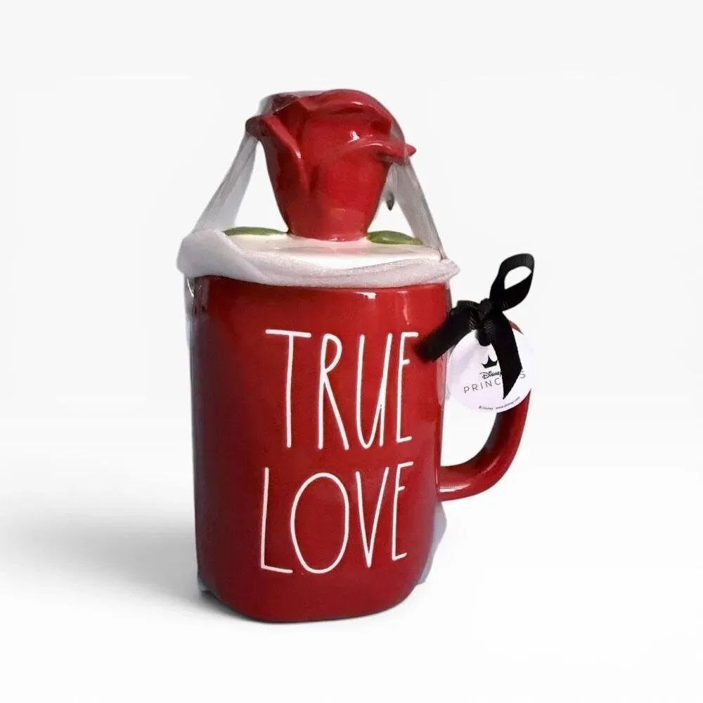 RAE DUNN Disney Beauty and the Beast "True Love" with Rose Topper Red Mug (b)